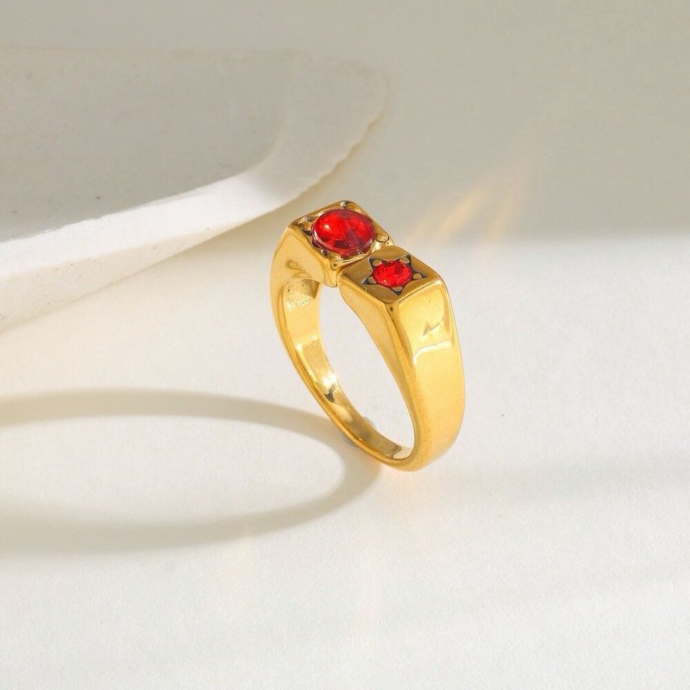 18K Gold Plated Red Zircon Double Stone Ring Stainless Steel Statement Jewelry